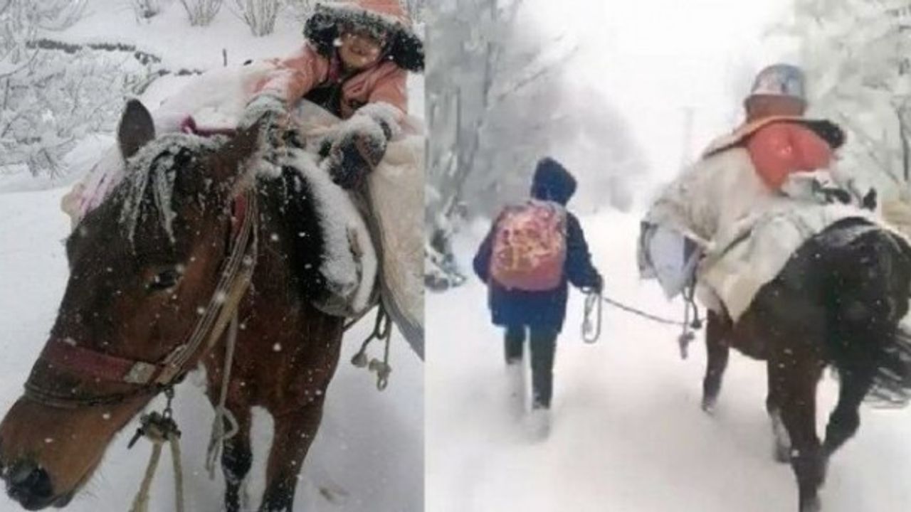 Kar yolu kapatınca çocukları at sırtında okula götürdü