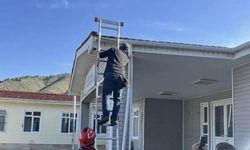 Okul çatısında mahsur kalan kediyi kantinci kurtardı