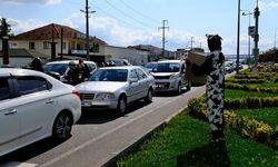 İnek kostümüyle yol kenarına geçti: Açtığı pankartla sürücüleri gülümsetti