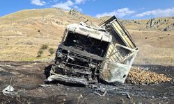 Balatalarından alev alan patates yüklü kamyon yandı