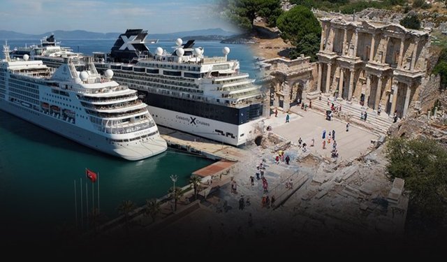 Kuşadası'na iki kruvaziyerle 2 bin 723 turist geldi... Efes Antik Kenti ziyaretçilerin gözdesi oldu!