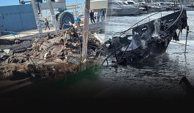 Marinada 7 motoryatın battığı yangının ardından enkaz kaldırma çalışmaları başladı