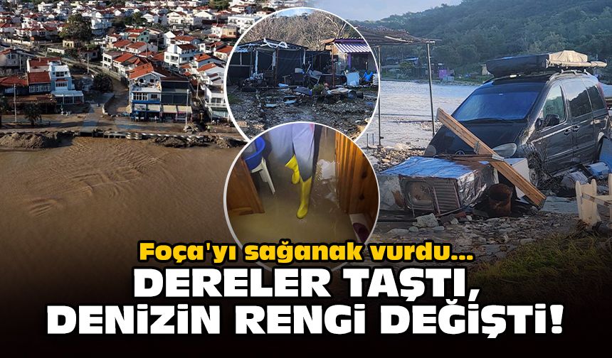 Foça'yı sağanak vurdu: Dereler taştı, denizin rengi değişti!