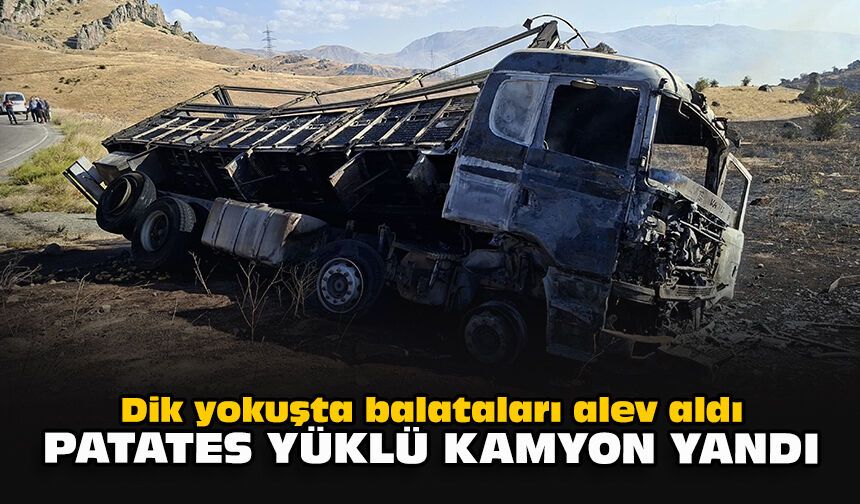 Dik yokuşta balataları alev aldı: Patates yüklü kamyon yandı