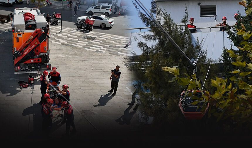 İzmir İtfaiyesi’nden nefes kesen yangın tatbikatı... Yaralı personel çatıdan kurtarıldı