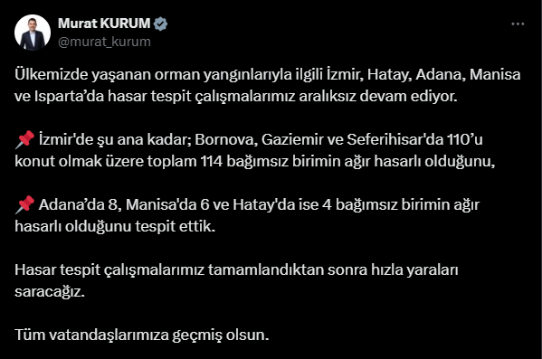 Bakan Kurum Izmirdeki Yangin Bilancosunu Acikladi 110 Konut Agir Hasarli 2