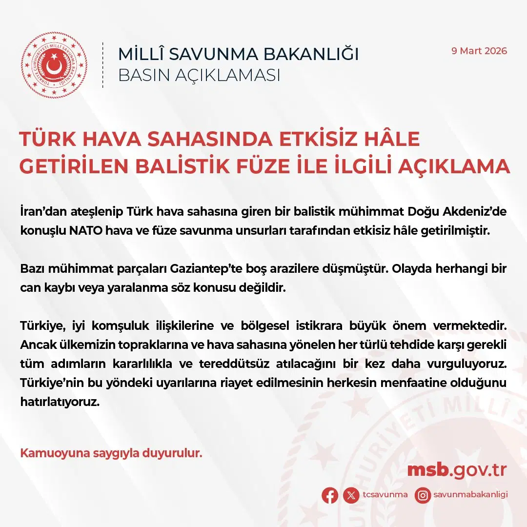 Msb Acikladi Irandan Turk Hava Sahasina Giren Balistik Fuze Imha Edildi 1